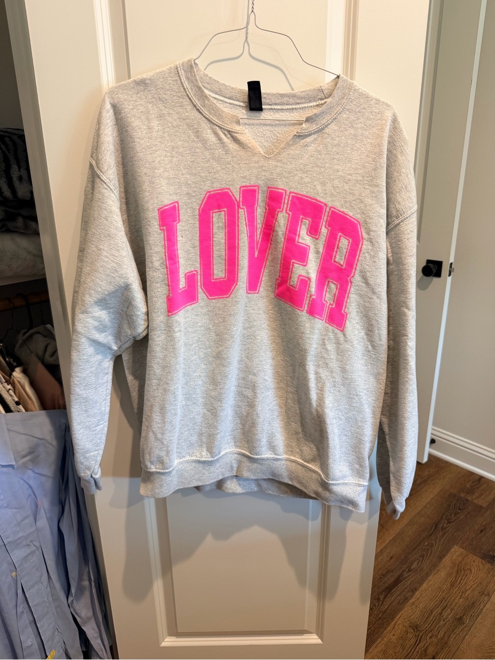 Gildan Gray Crewneck Sweatshirt with Hot Pink LOVER Graphic
